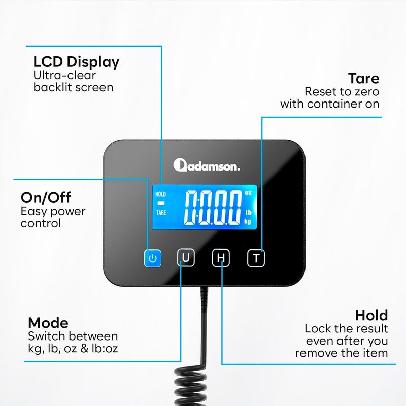 Adamson Shipping Scale for Small Business - 440 lbs/0.35oz - High Accurate Digital Postal Scale with Hold/Tare Function - Perfect for Packages, Luggage, Home Use - Battery & Cable Included - Image 4